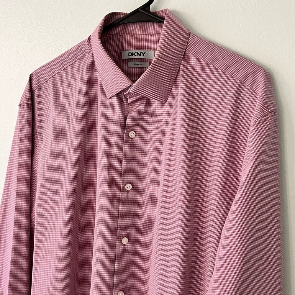 DKNY Tailored Mens Shirt Reddish Pink Check Approximate Size Large *See Details - Picture 3 of 8